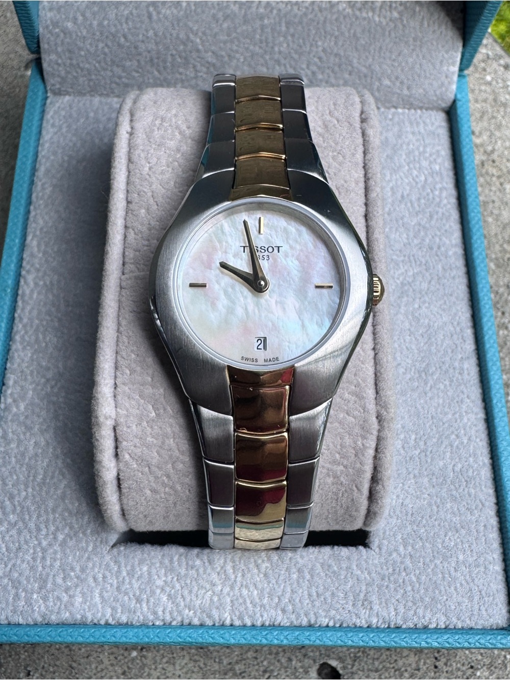 Tissot 1853 T-Wave Mother Pearl Two Tone Swiss Women Watch T096009A
